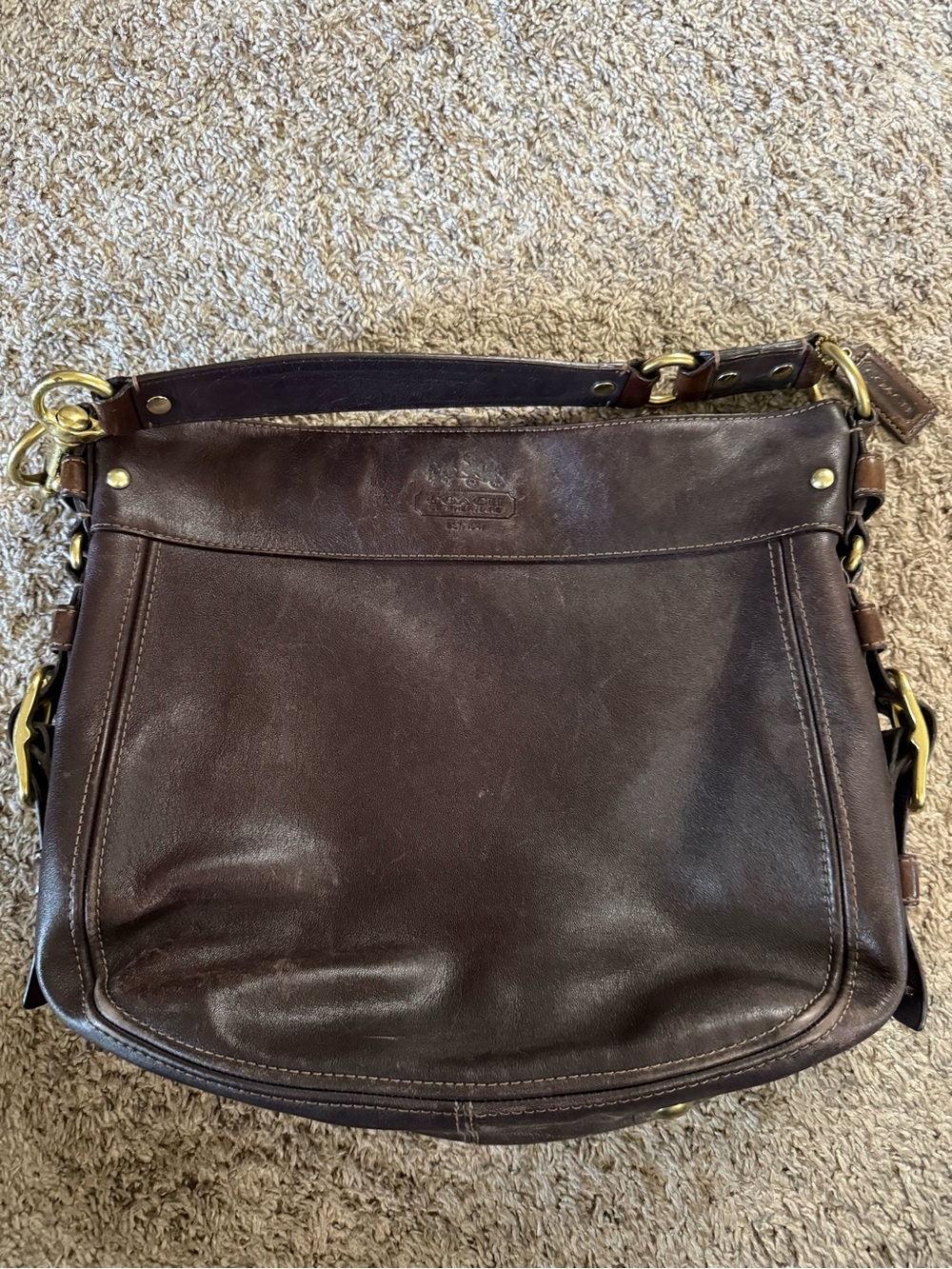 Coach Dark Brown Leather Shoulder Hobo Bag with Gold Hardware